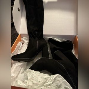 black knee high fabric heel boots